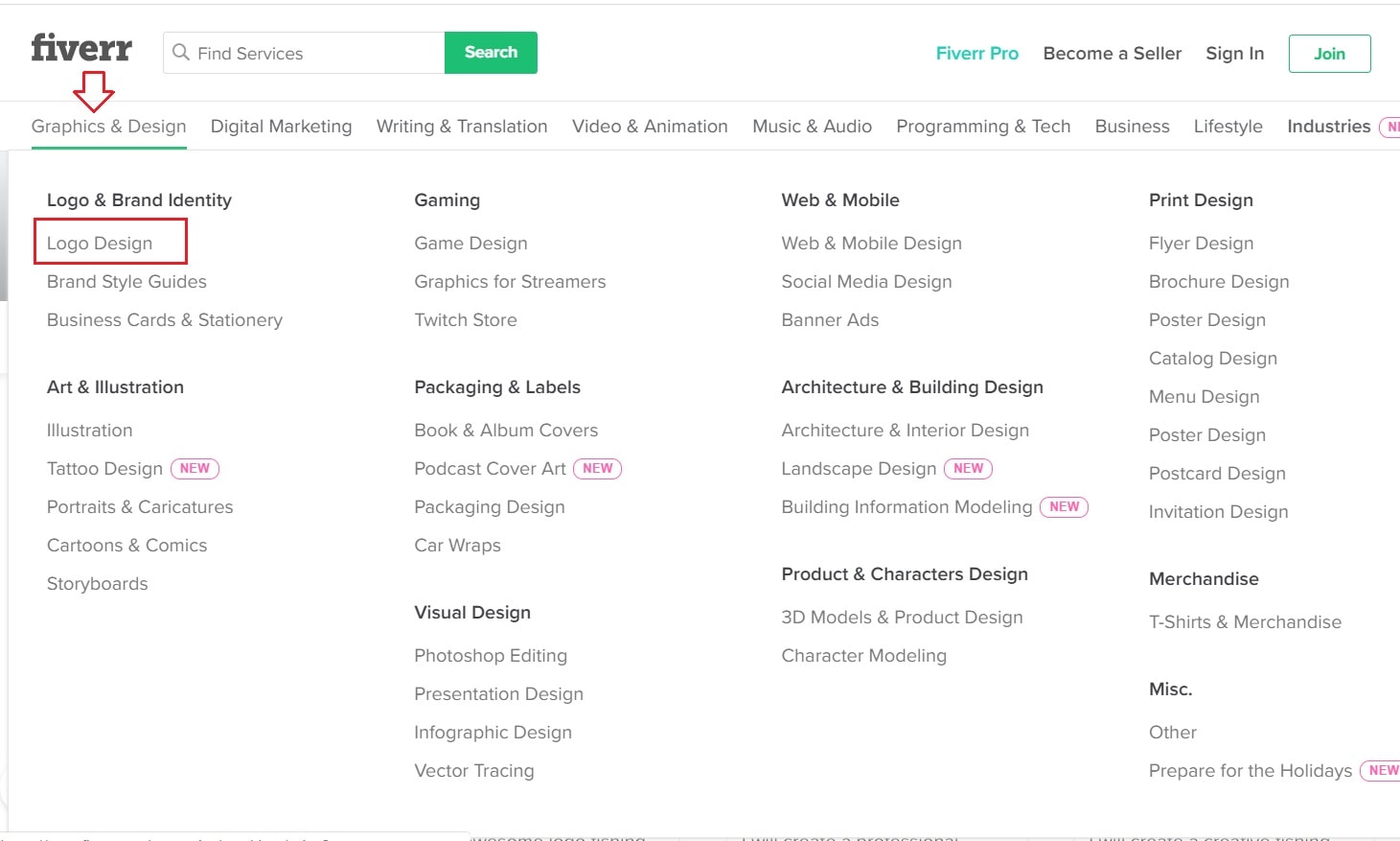 Скріншот Fiverr - меню графіки та дизайну